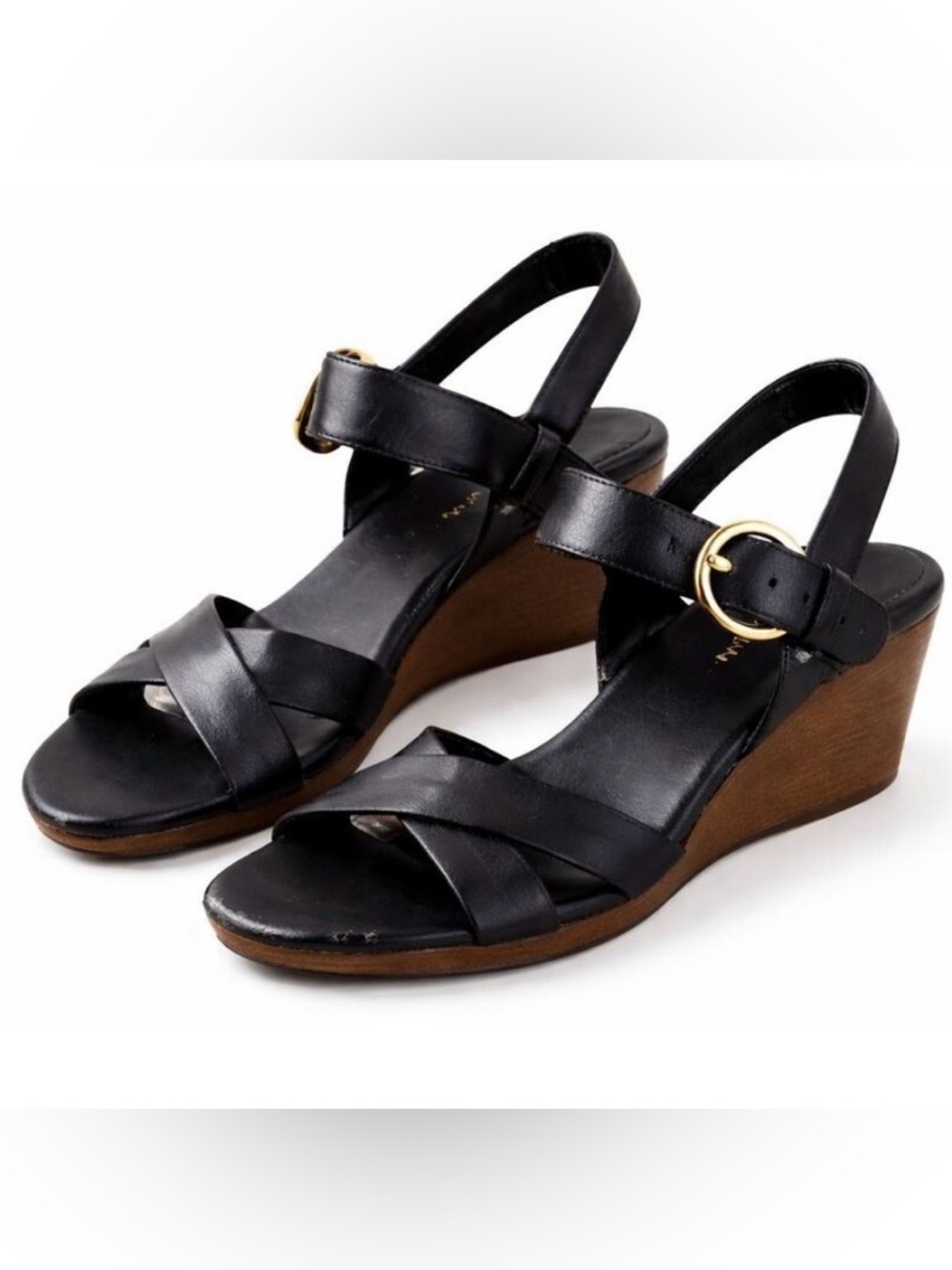 Cole Haan Wedge Sandals Black Leather Slingback NikeAir Women 7B